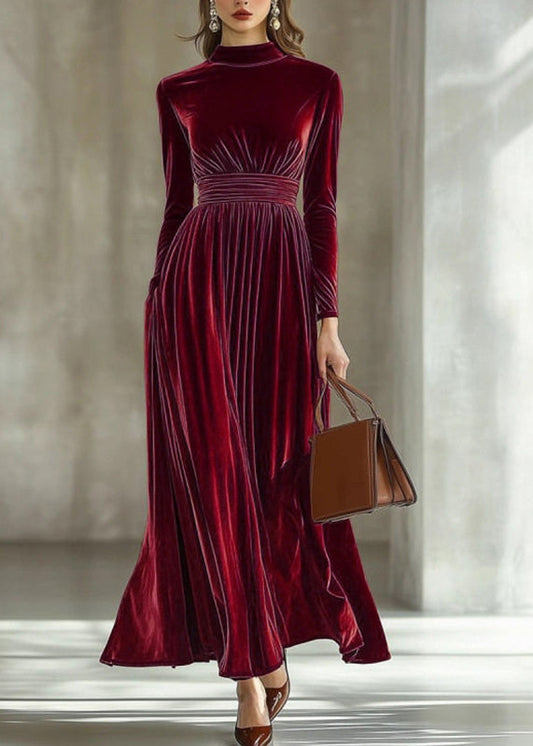 Dark Red Tunic Silk Velvet Maxi Dresses Long Sleeve