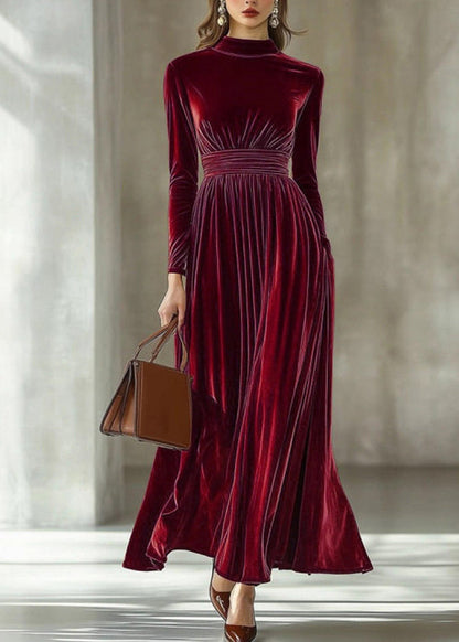 Dark Red Tunic Silk Velvet Maxi Dresses Long Sleeve