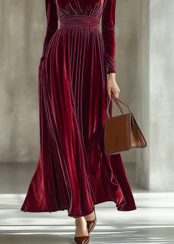 Dark Red Tunic Silk Velvet Maxi Dresses Long Sleeve