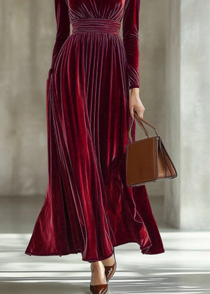 Dark Red Tunic Silk Velvet Maxi Dresses Long Sleeve