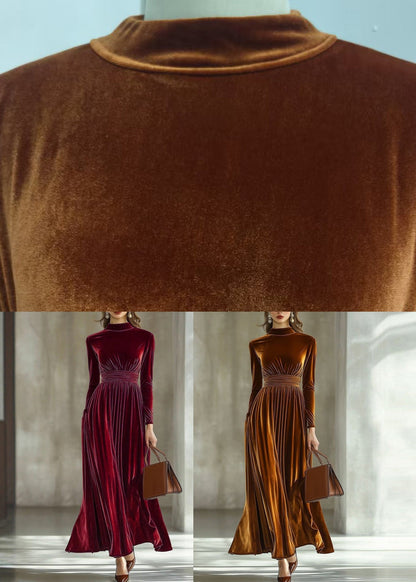 Dark Red Tunic Silk Velvet Maxi Dresses Long Sleeve