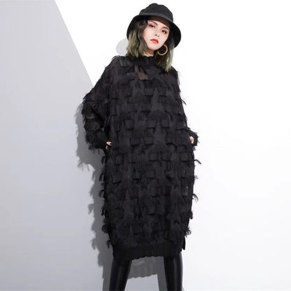 Elegant black lace dresses oversized lace gown women tassel dresses