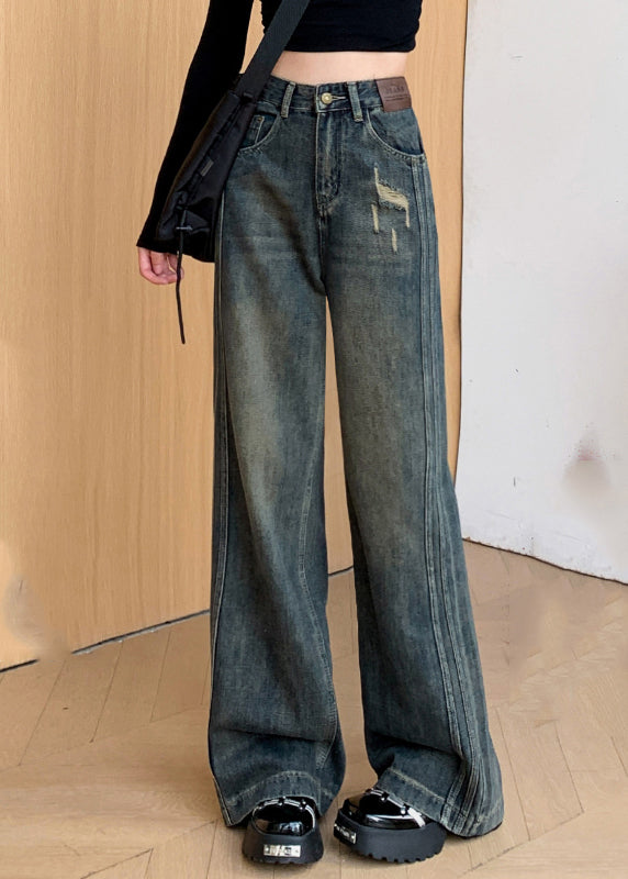 Denim Black Warm Fleece Straight Pants Ripped Jeans Winter