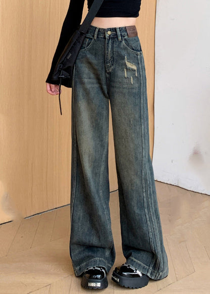 Denim Black Warm Fleece Straight Pants Ripped Jeans Winter