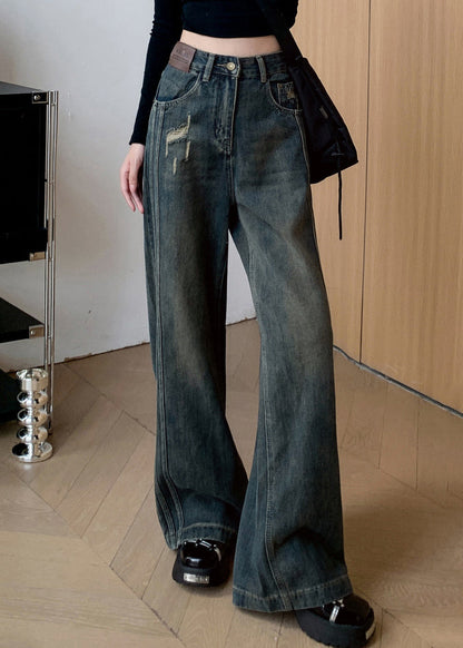 Denim Black Warm Fleece Straight Pants Ripped Jeans Winter