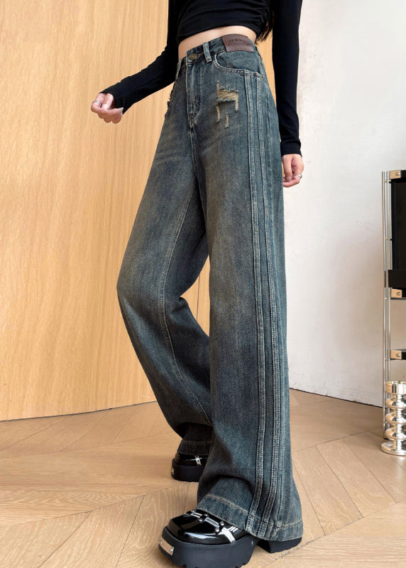 Denim Black Warm Fleece Straight Pants Ripped Jeans Winter