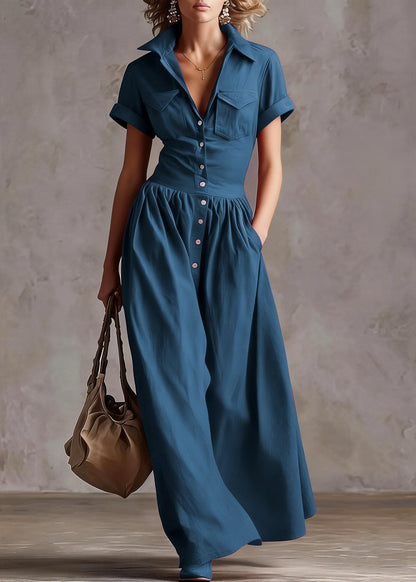Denim Blue Cotton Holiday Dress Peter Pan Collar Summer