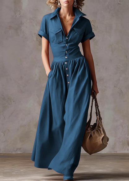 Denim Blue Cotton Holiday Dress Peter Pan Collar Summer
