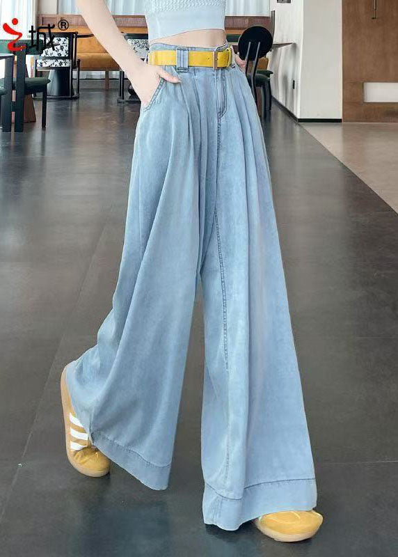 Denim Blue Cotton Wide Leg Pants High Waist Fall