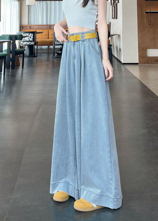 Denim Blue Cotton Wide Leg Pants High Waist Fall