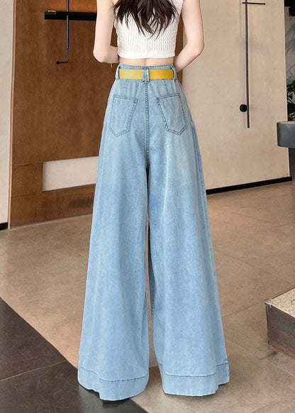 Denim Blue Cotton Wide Leg Pants High Waist Fall