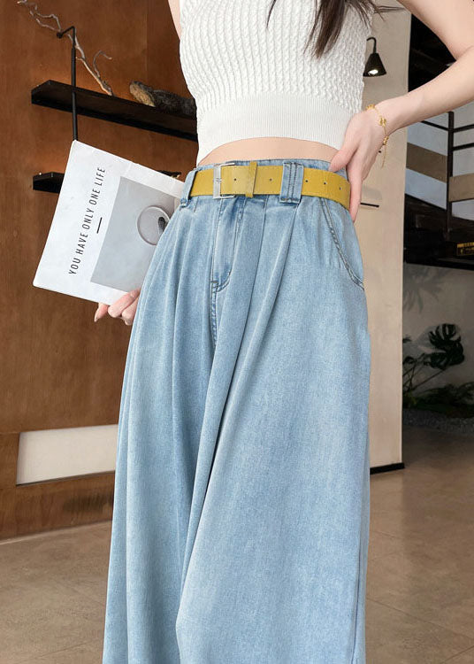 Denim Blue Cotton Wide Leg Pants High Waist Fall