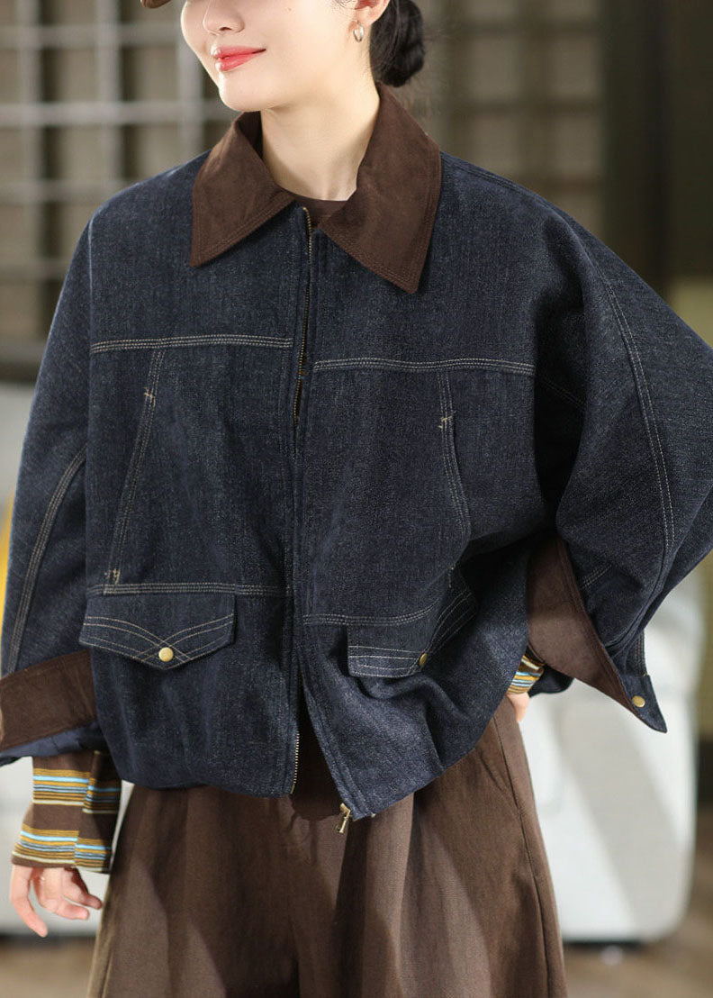 Denim Blue Patchwork Cotton Coat Peter Pan Collar Fall