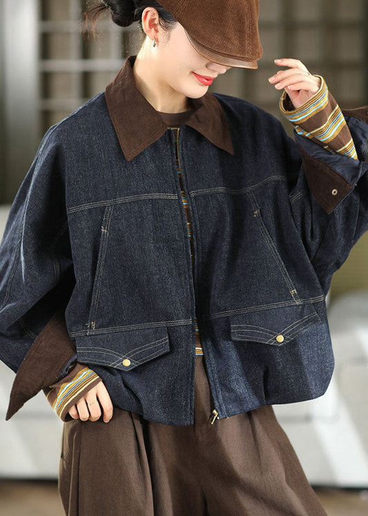 Denim Blue Patchwork Cotton Coat Peter Pan Collar Fall