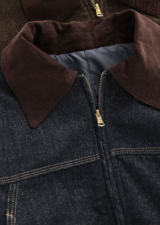 Denim Blue Patchwork Cotton Coat Peter Pan Collar Fall