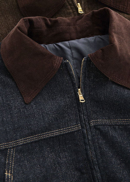 Denim Blue Patchwork Cotton Coat Peter Pan Collar Fall