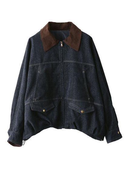 Denim Blue Patchwork Cotton Coat Peter Pan Collar Fall
