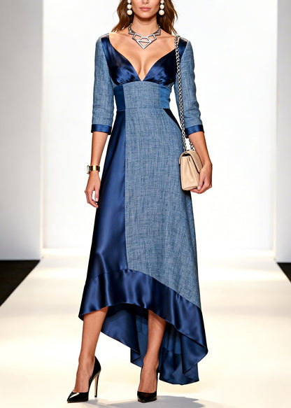 Denim Blue Patchwork Cotton Party Dress V Neck Low High Design Summer