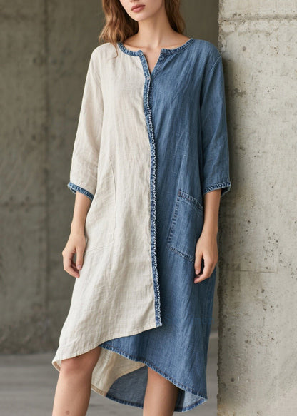 Denim Blue Patchwork Cotton Vacation Dresses Asymmetrical Summer