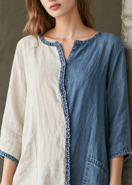 Denim Blue Patchwork Cotton Vacation Dresses Asymmetrical Summer