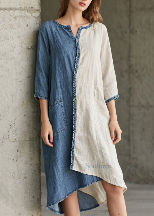 Denim Blue Patchwork Cotton Vacation Dresses Asymmetrical Summer