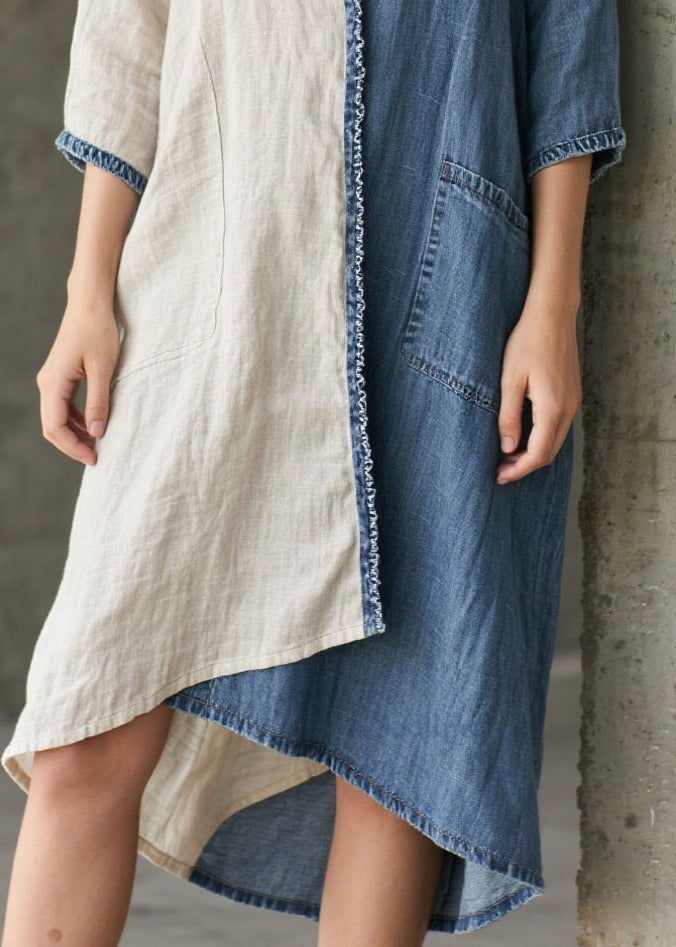 Denim Blue Patchwork Cotton Vacation Dresses Asymmetrical Summer