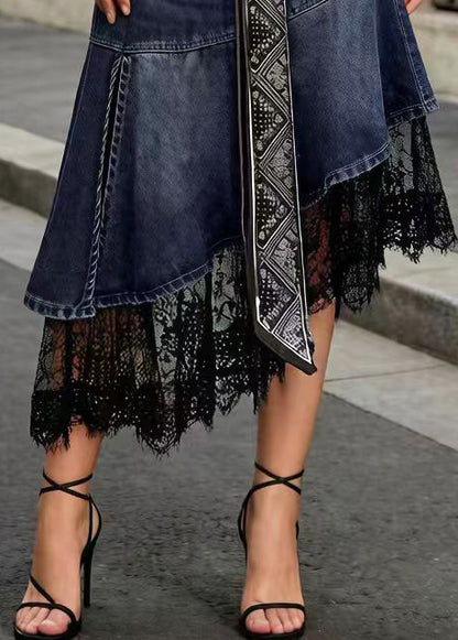 Denim Blue Patchwork Lace Skirt Low High Design Summer