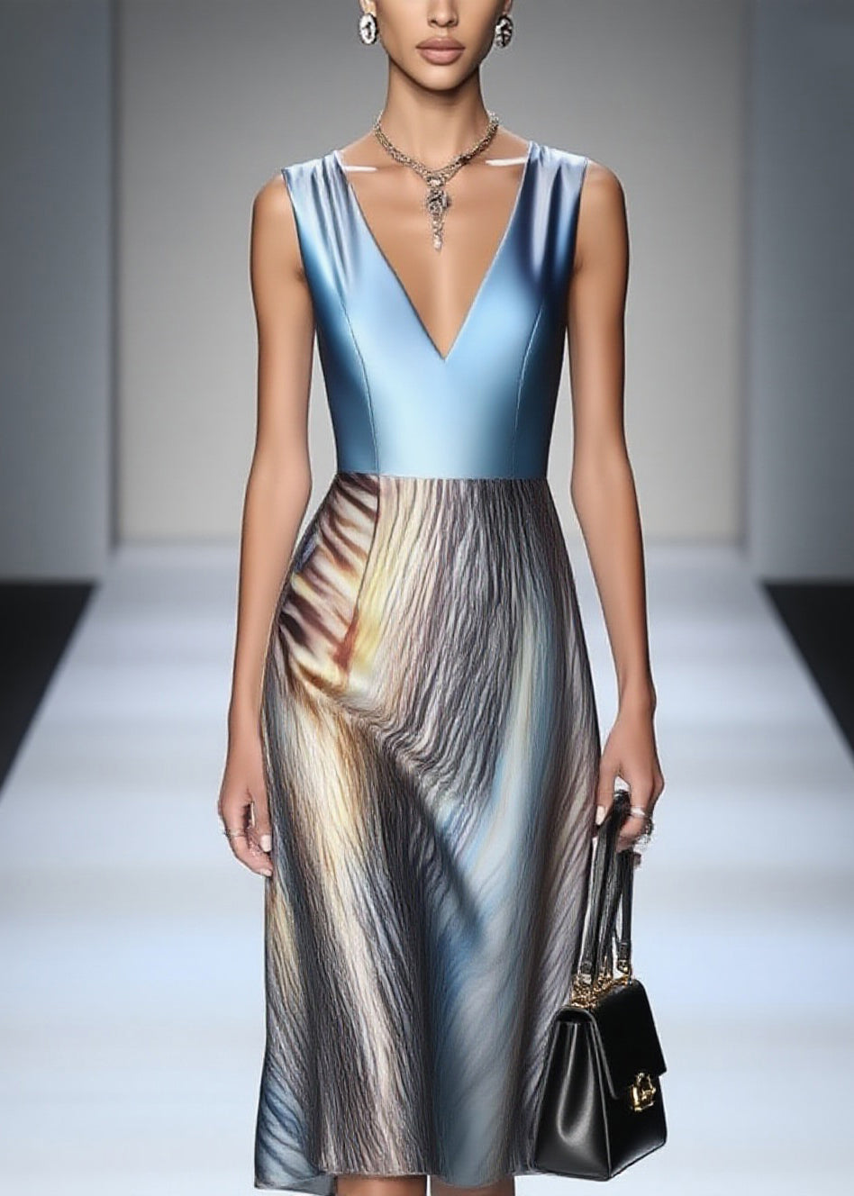 Dinner Blue Print Patchwork Silk Long Dress Sleeveless