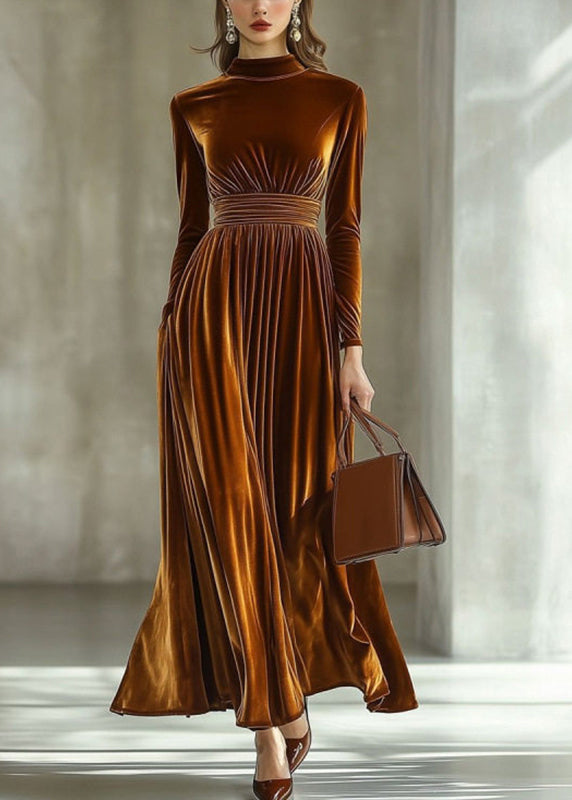 Dinner Caramel Stand Collar Patchwork Silk Velvet Long Dress Fall