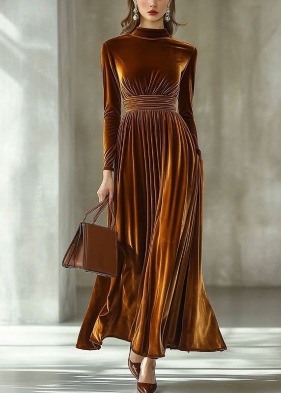 Dinner Caramel Stand Collar Patchwork Silk Velvet Long Dress Fall