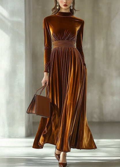 Dinner Caramel Stand Collar Patchwork Silk Velvet Long Dress Fall