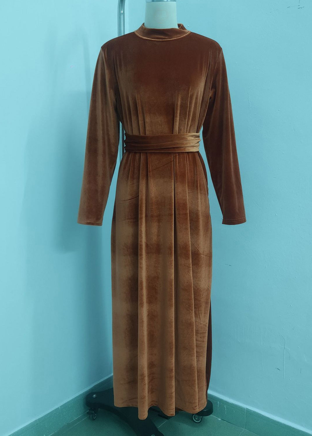 Dinner Caramel Stand Collar Patchwork Silk Velvet Long Dress Fall