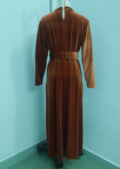 Dinner Caramel Stand Collar Patchwork Silk Velvet Long Dress Fall