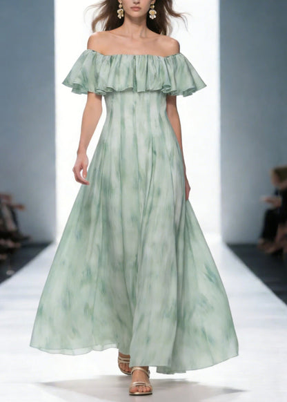 Dinner Green Slash Neck Print Long Dress Short Sleeve