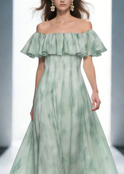 Dinner Green Slash Neck Print Long Dress Short Sleeve