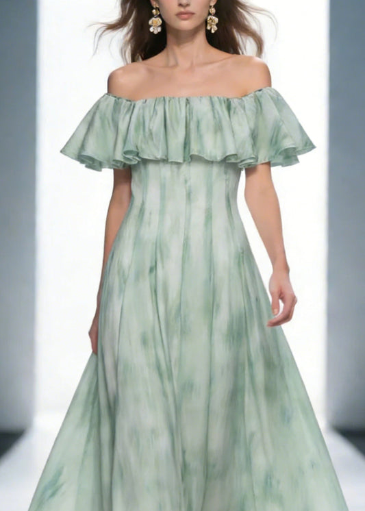 Dinner Green Slash Neck Print Long Dress Short Sleeve