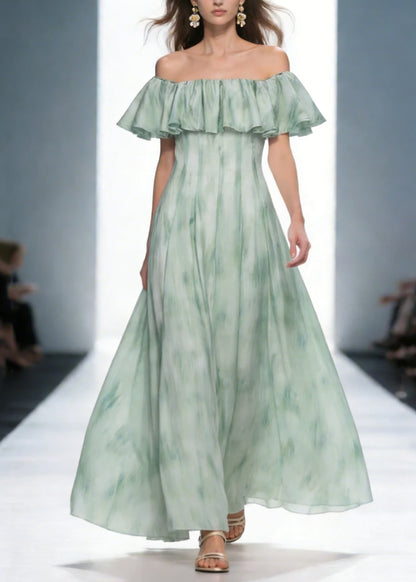 Dinner Green Slash Neck Print Long Dress Short Sleeve