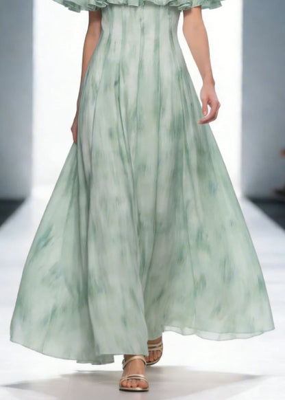 Dinner Green Slash Neck Print Long Dress Short Sleeve