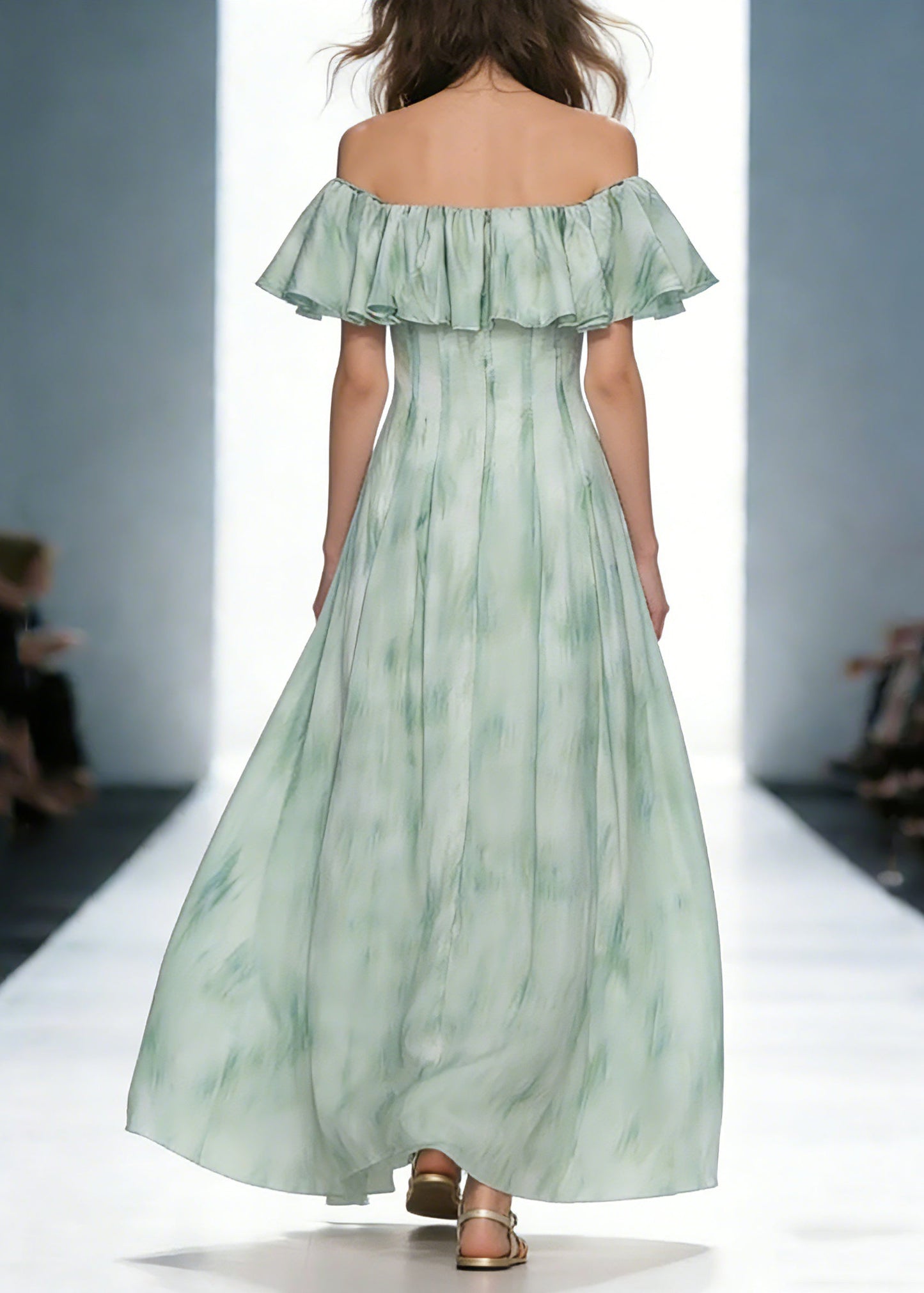 Dinner Green Slash Neck Print Long Dress Short Sleeve