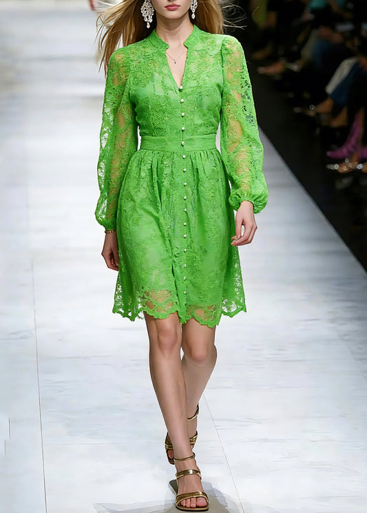 Dinner Green V Neck Lace Patchwork Tulle Mid Dress Spring