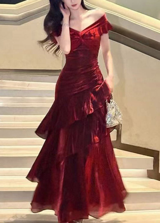 Dinner Mulberry Cold Shoulder Ruffled Maxi DressSummer