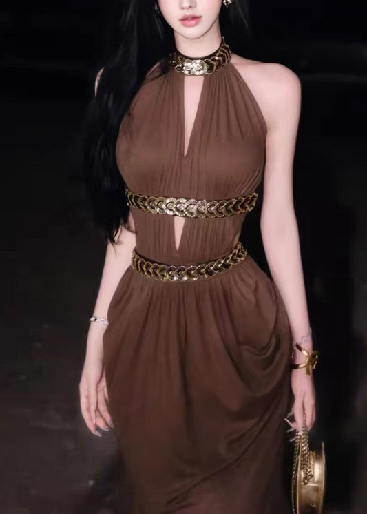 Dinner Olive Green V Neck Halter Hollow Out Maxi Dresses Summer