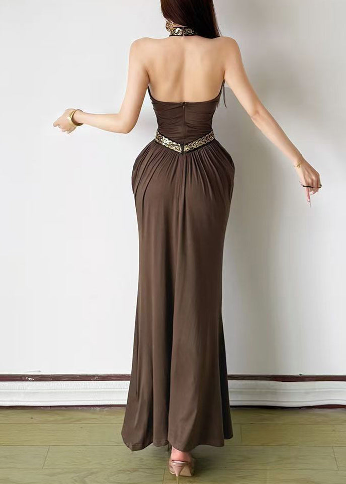 Dinner Olive Green V Neck Halter Hollow Out Maxi Dresses Summer