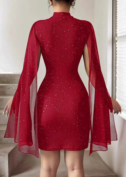 Dinner Red Stand Collar Sequins Patchwork Vacation Mid Cape Dresses Summer