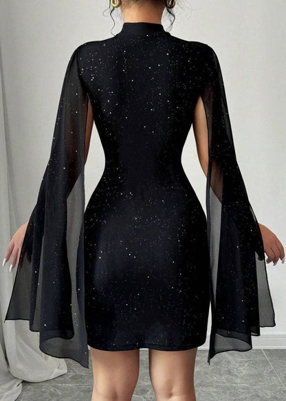Dinner Red Stand Collar Sequins Patchwork Vacation Mid Cape Dresses Summer