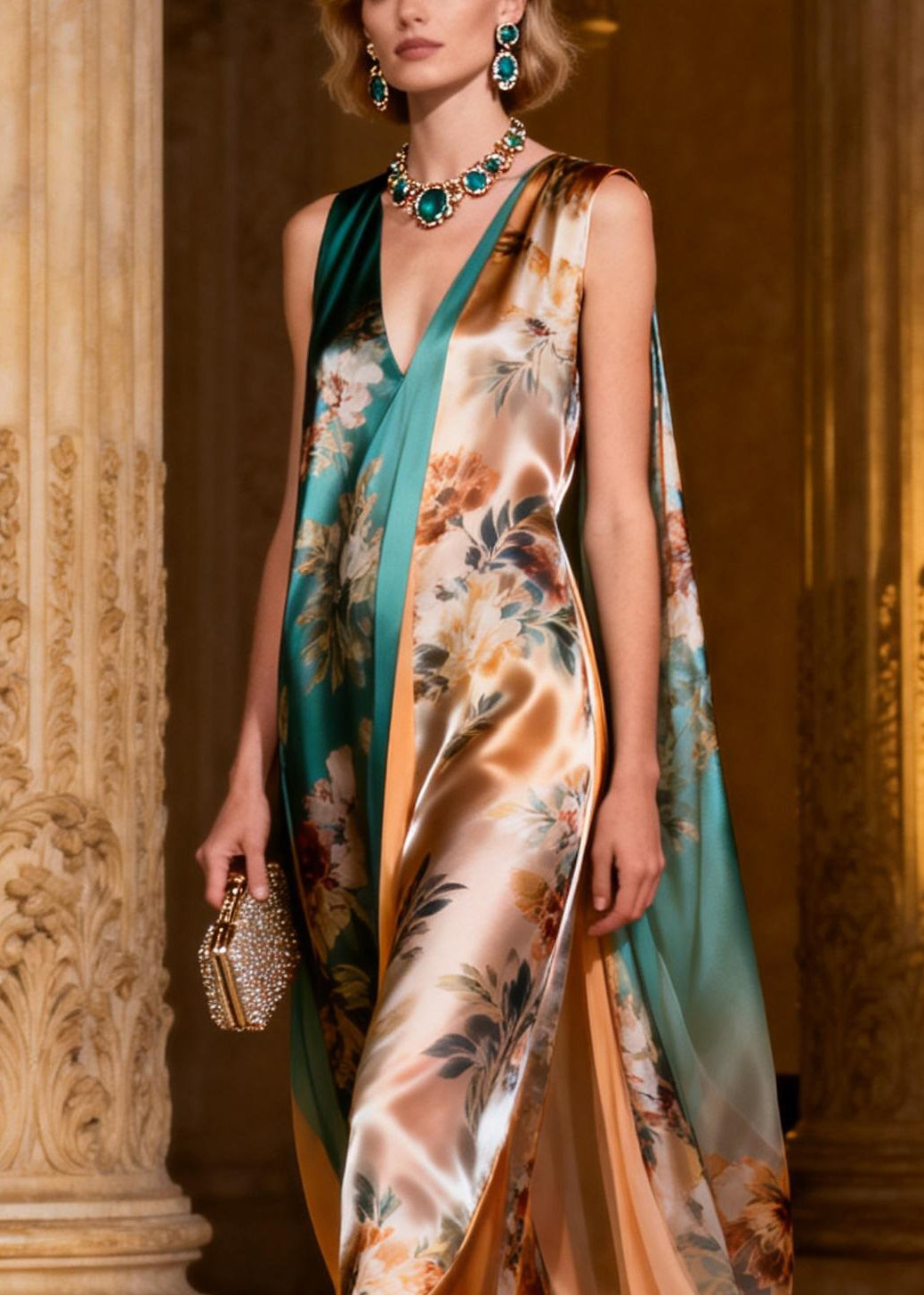 Dinner V Neck Print Silk Maxi Dresses Sleeveless