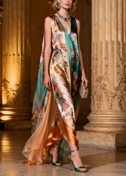 Dinner V Neck Print Silk Maxi Dresses Sleeveless