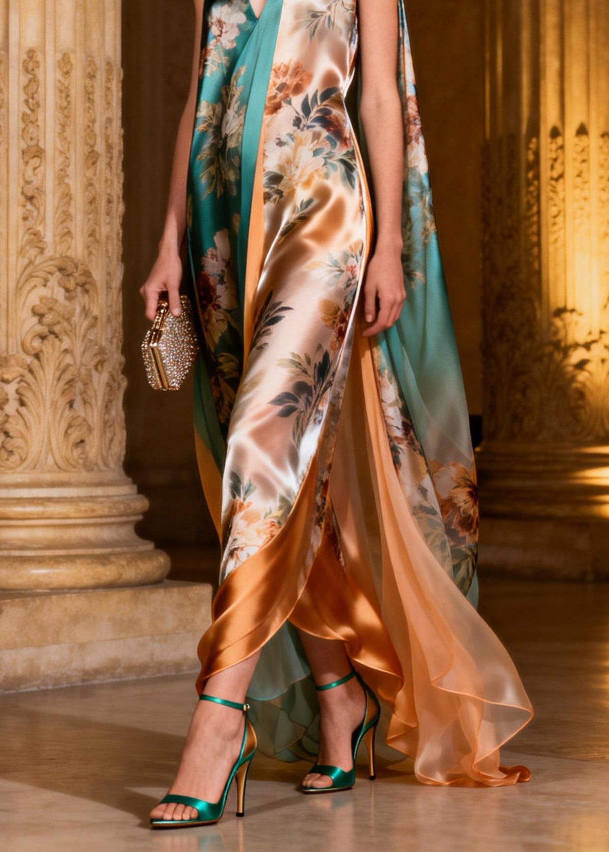 Dinner V Neck Print Silk Maxi Dresses Sleeveless