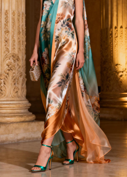 Dinner V Neck Print Silk Maxi Dresses Sleeveless