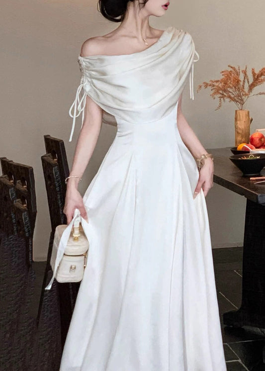 Dinner White Asymmetrical Cinched Tunic Maxi Dresses Short Sleeve